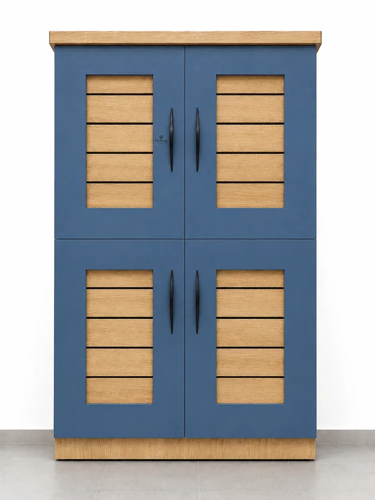 Blue and Oak Slat-Panel Cabinet — main view