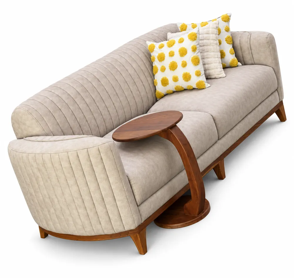 Cream Curved Sofa with Side Table — main view