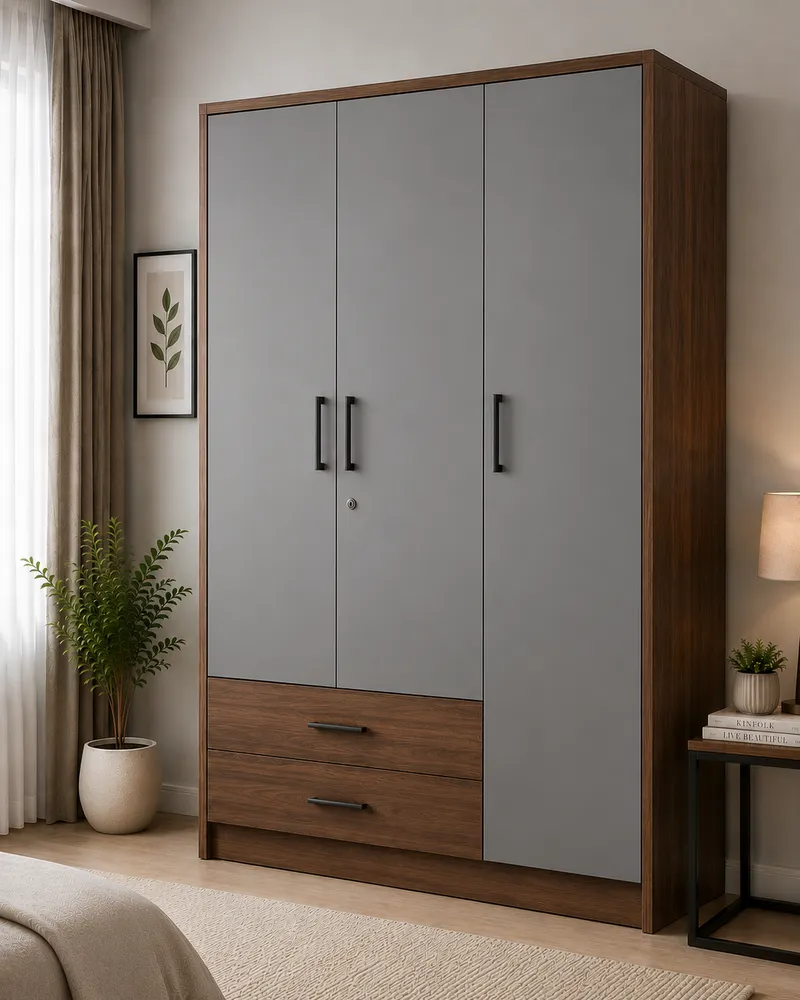 Grey and Walnut Wide Storage Wardrobe — main view