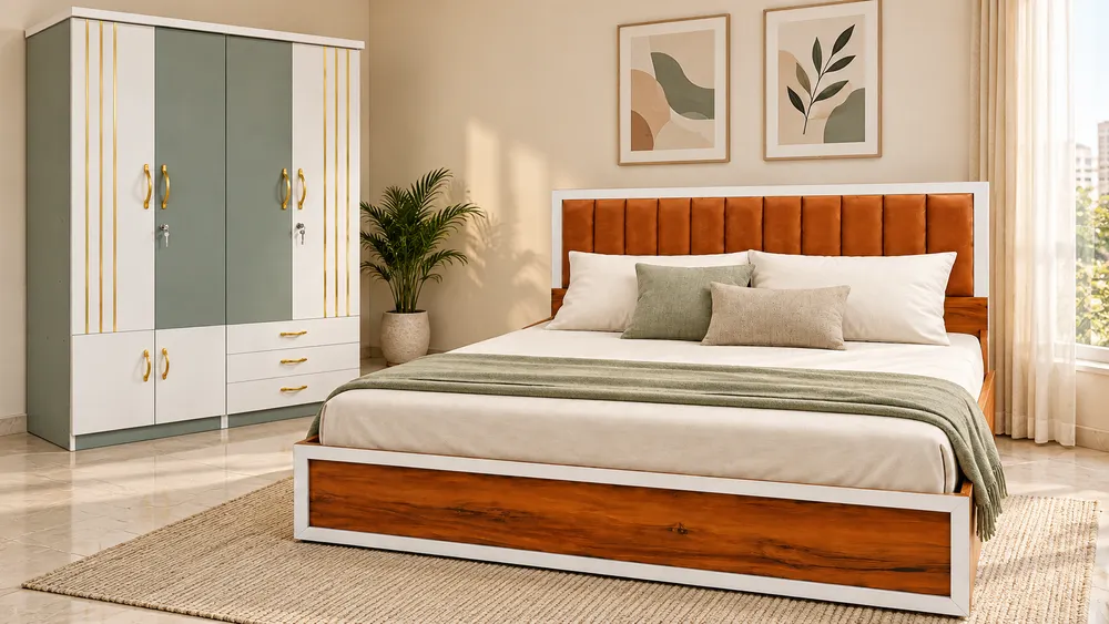 Honey-Wood Bed with Padded Headboard — lifestyle visualisation