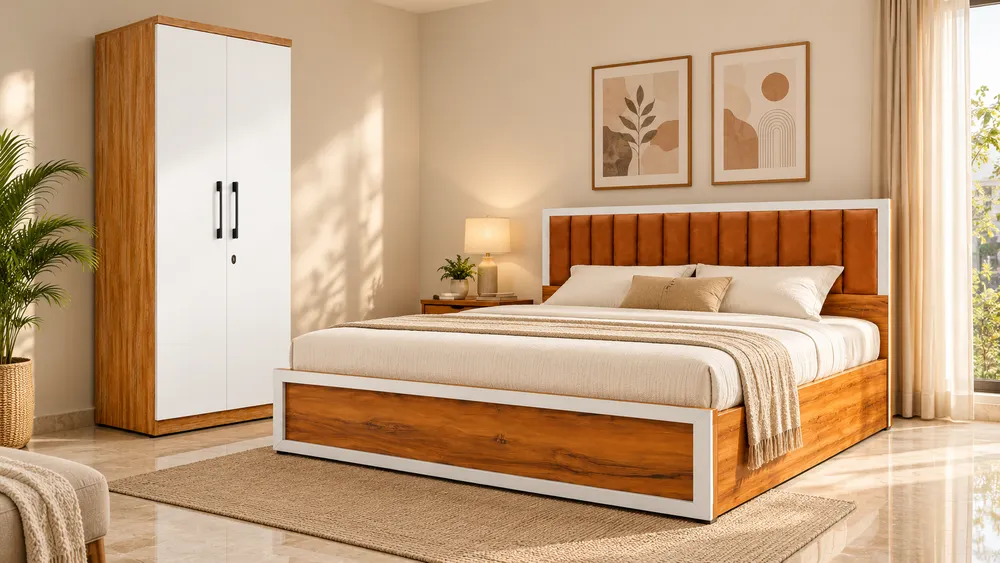 Honey-Wood Bed with Padded Headboard — lifestyle visualisation