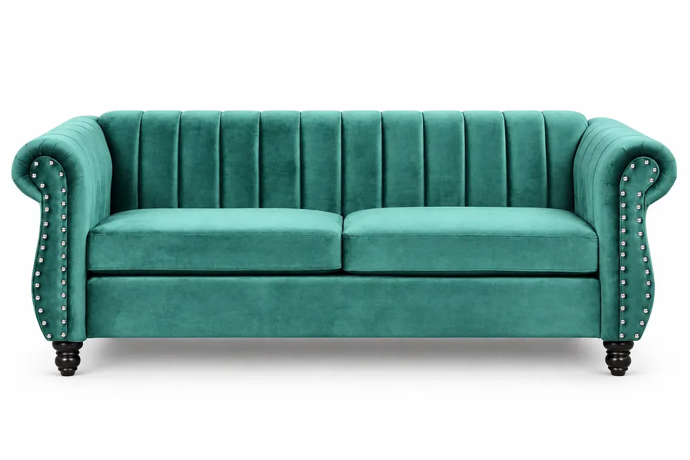 Teal Scroll-Arm Sofa — main view