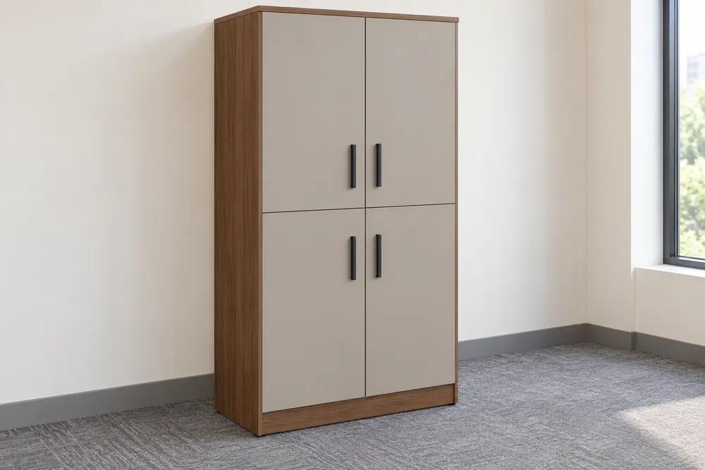 Walnut and Greige Four-Door Cabinet — main view