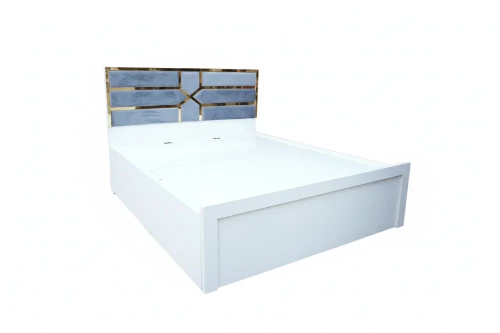 White Bed with Blue and Gold Headboard — main view