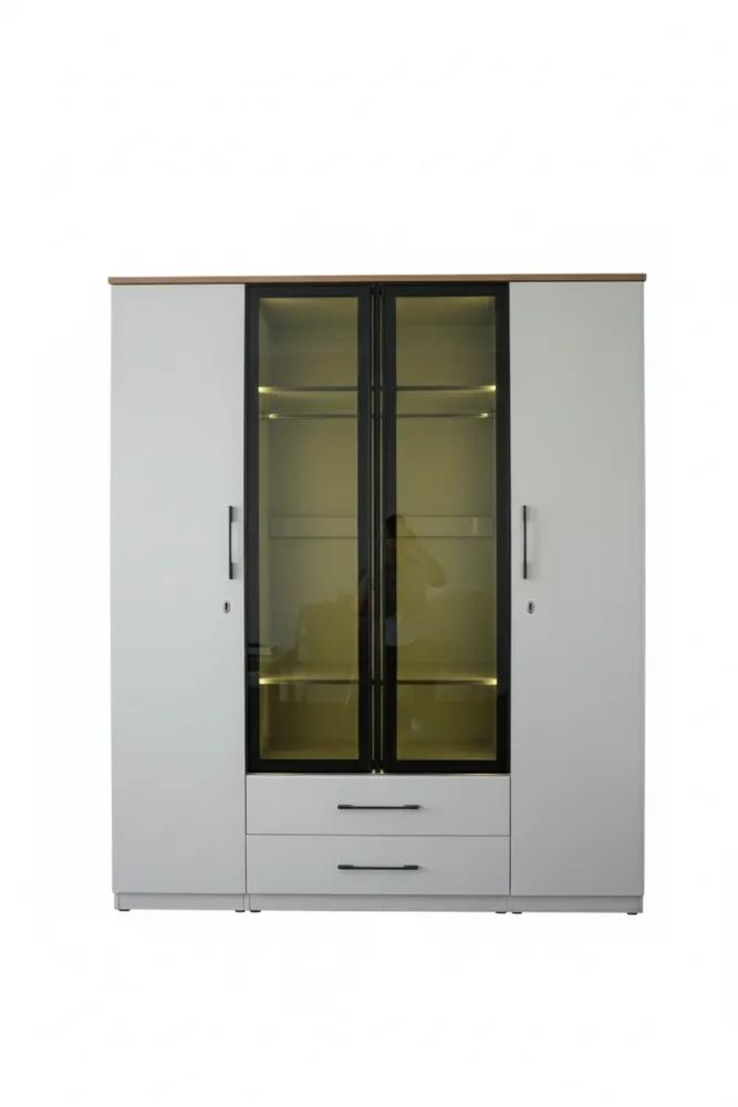 White Four-Door Wardrobe with Lit Glass Centre — main view